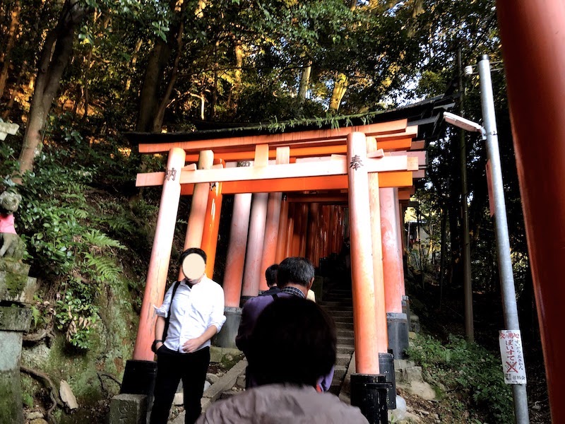 伏見稲荷大社の千本鳥居の下山してくる人