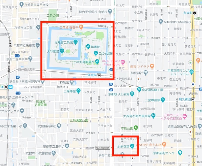 本能寺跡付近のグーグルマップ